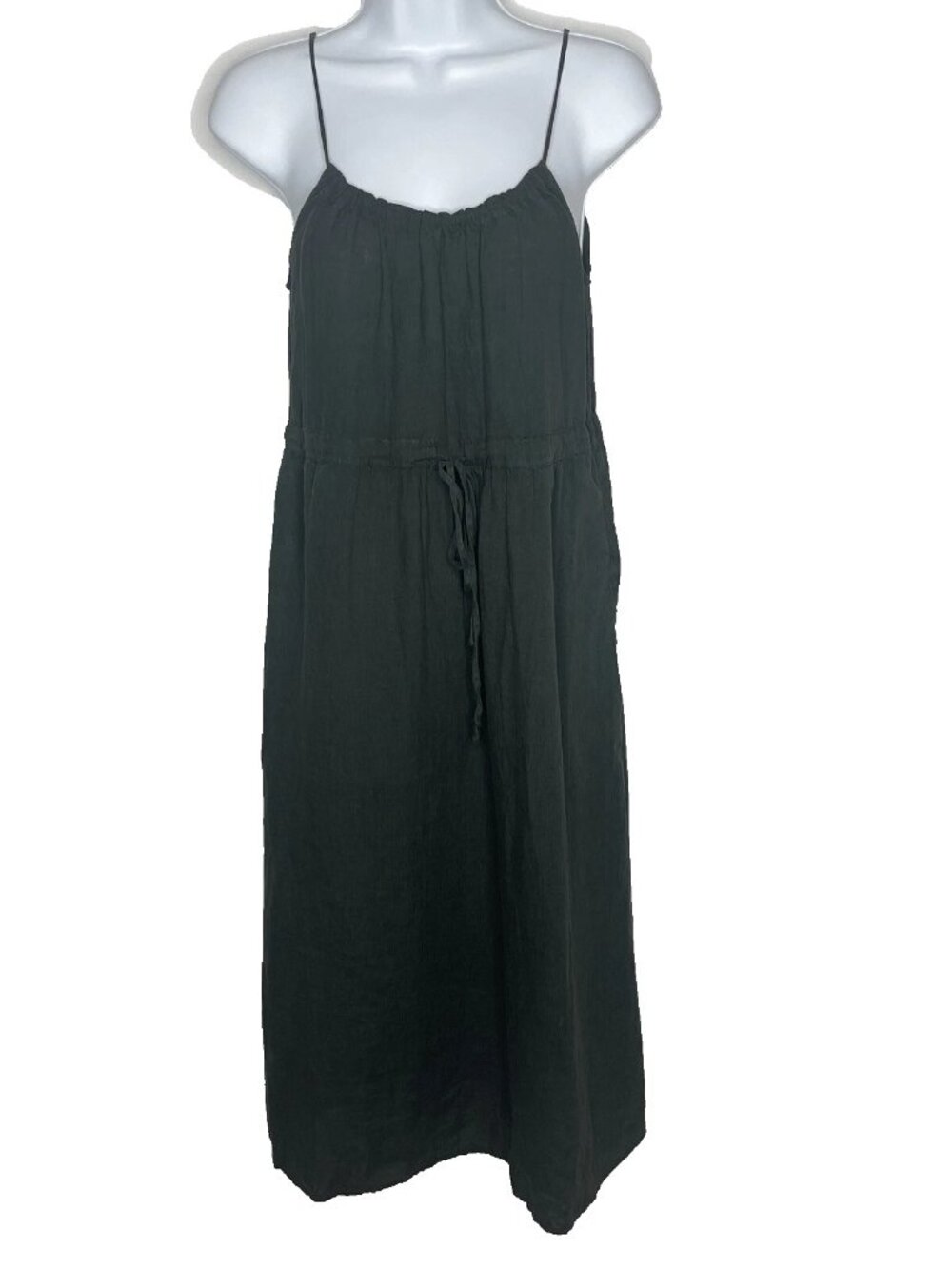 Vince Midi Sundress Size XS Green Linen Gathered Tie Waist